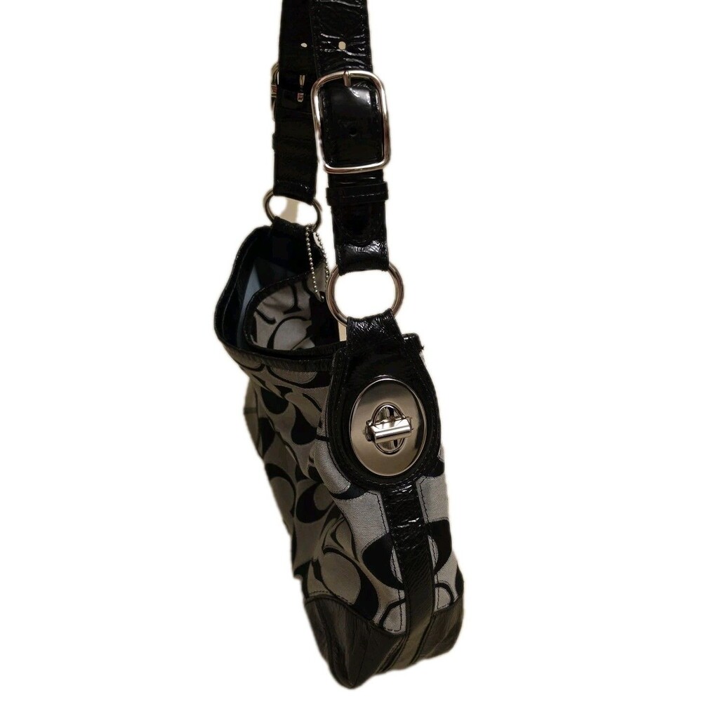 Authentic COACH PEYTON SIGNATURE LUREX HOBO BAG PURSE F19758M BLACK/SILVER - Picture 7 of 12
